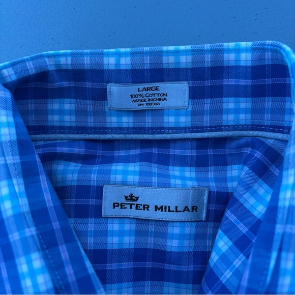 Peter Millar Blue Plaid Check Button Up Dress Shirt Men's Large Cotton Casual - Picture 4 of 13